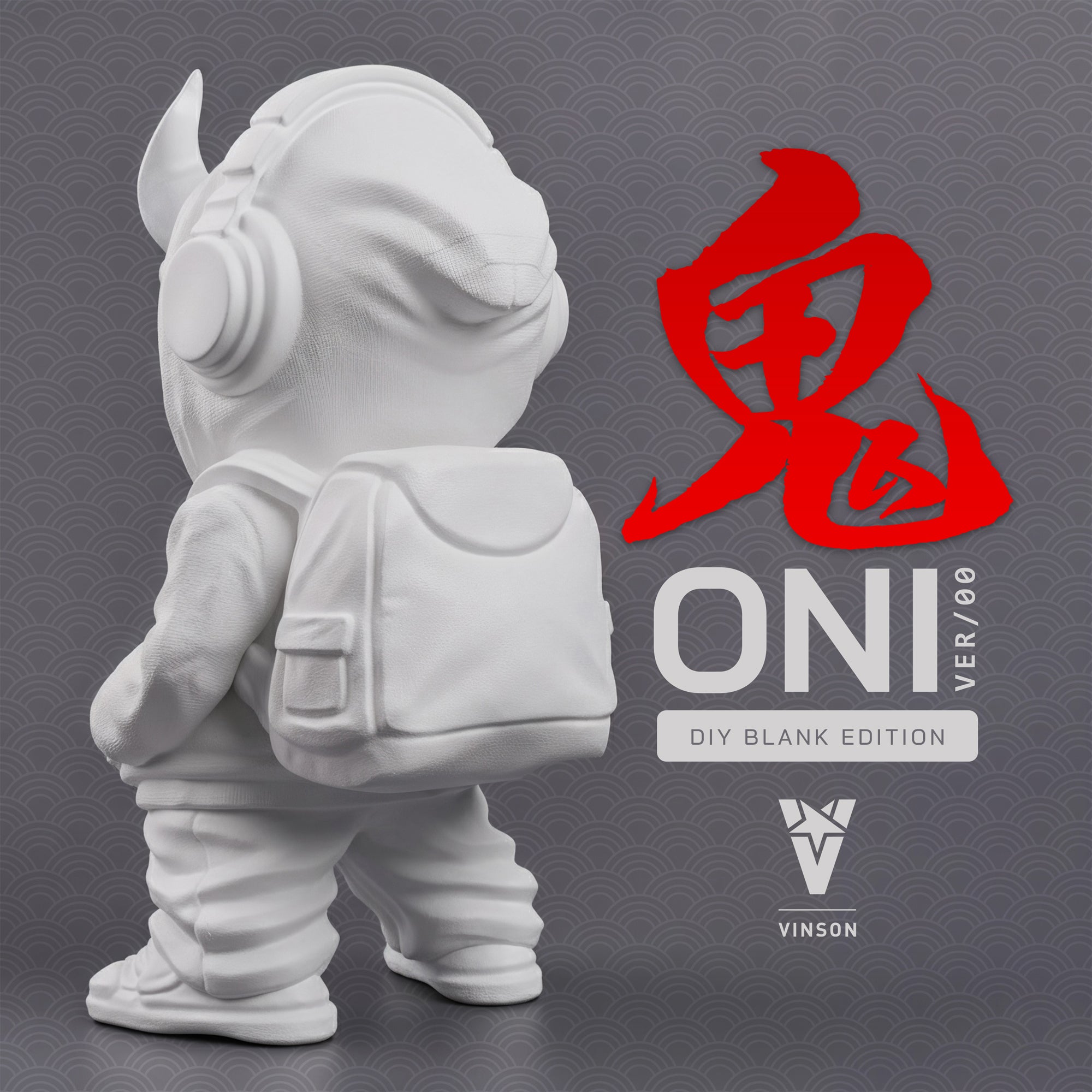 Image of white DIY oni figurine designer art toy with brush and red kanji character on gray background