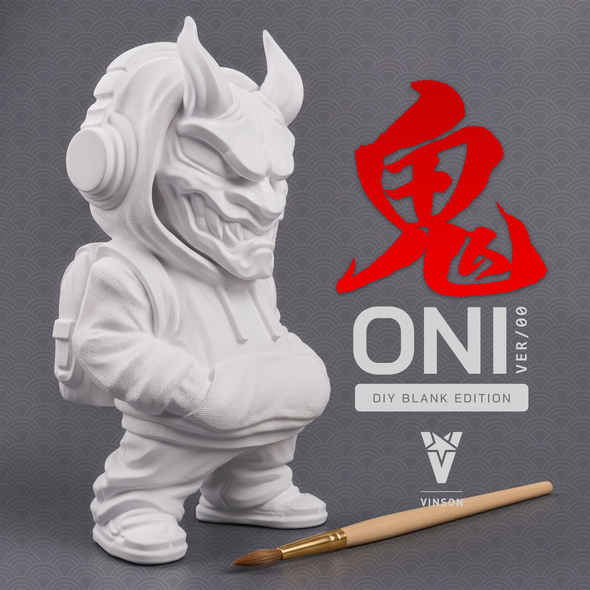 Image of white DIY oni figurine designer art toy with brush and red kanji character on gray background