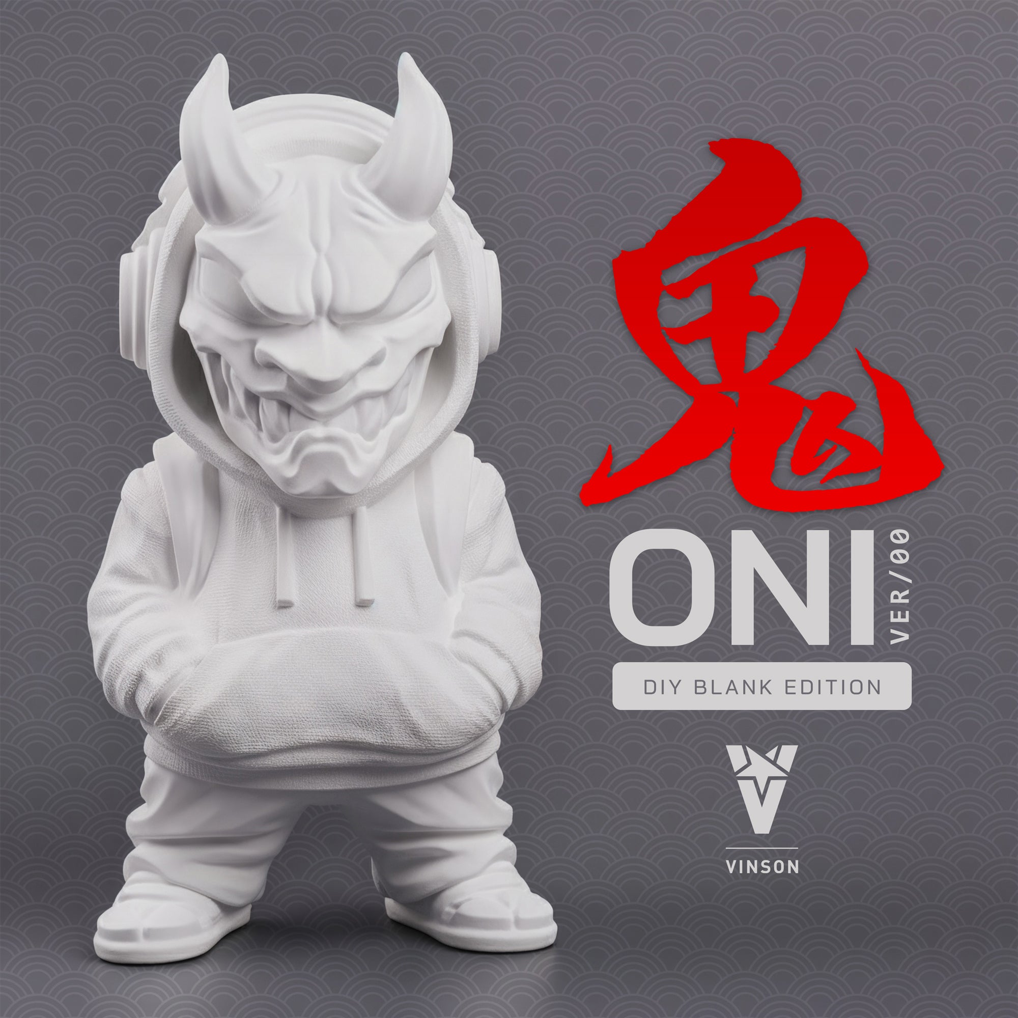 Image of white DIY oni figurine designer art toy with brush and red kanji character on gray background