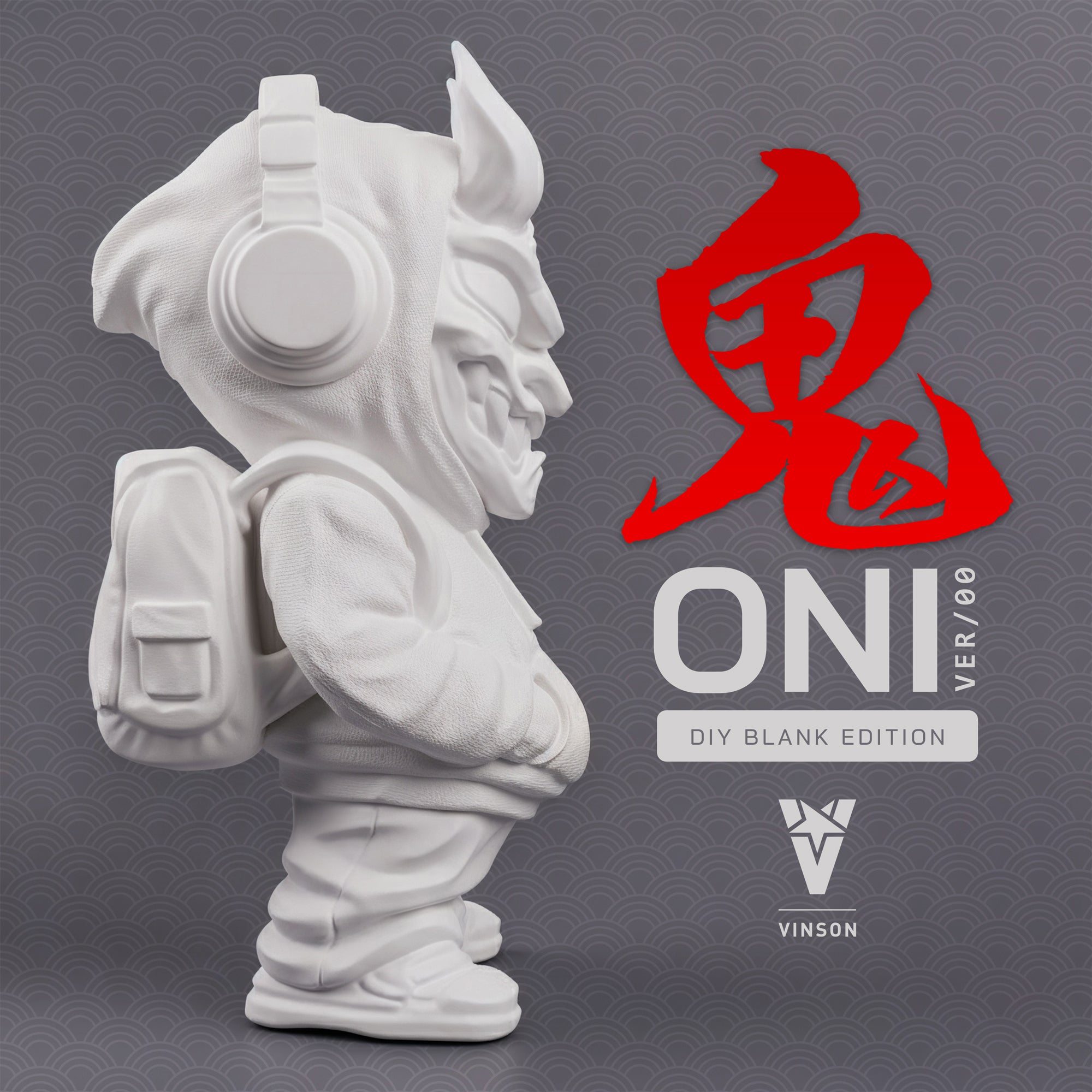 Image of white DIY oni figurine designer art toy with brush and red kanji character on gray background