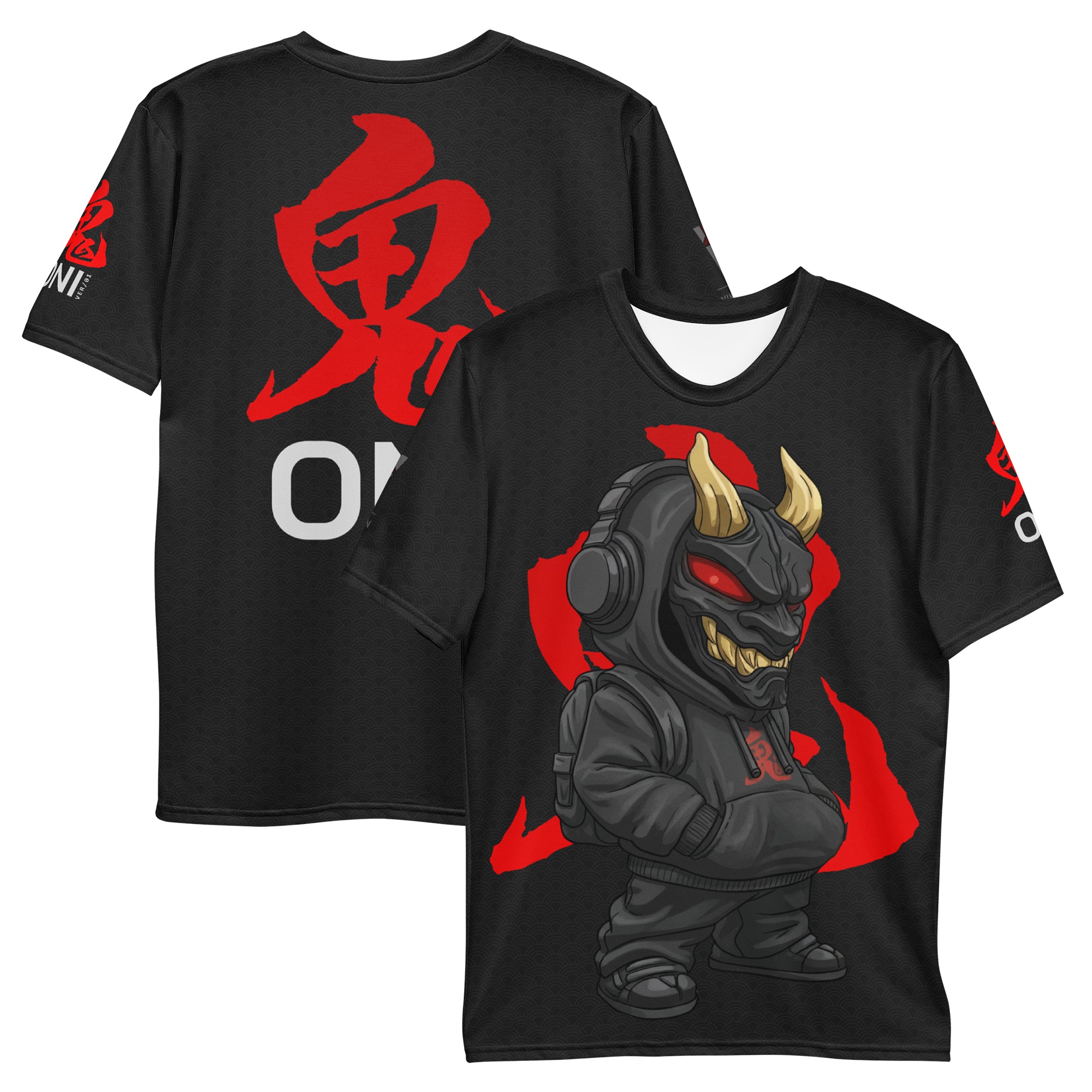 ONI Ver 01 premium all-over print t-shirt — Japanese Oni mask streetwear design in black and red, polyester spandex cut-and-sewn crew neck front and back view.