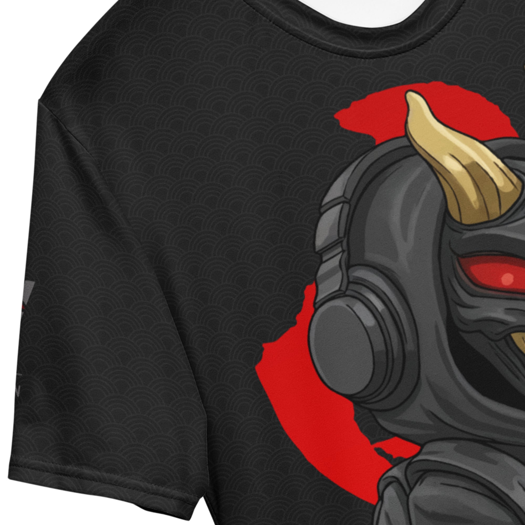 ONI Ver 01 premium all-over print t-shirt — Japanese Oni mask streetwear design in black and red, polyester spandex cut-and-sewn crew neck side view.