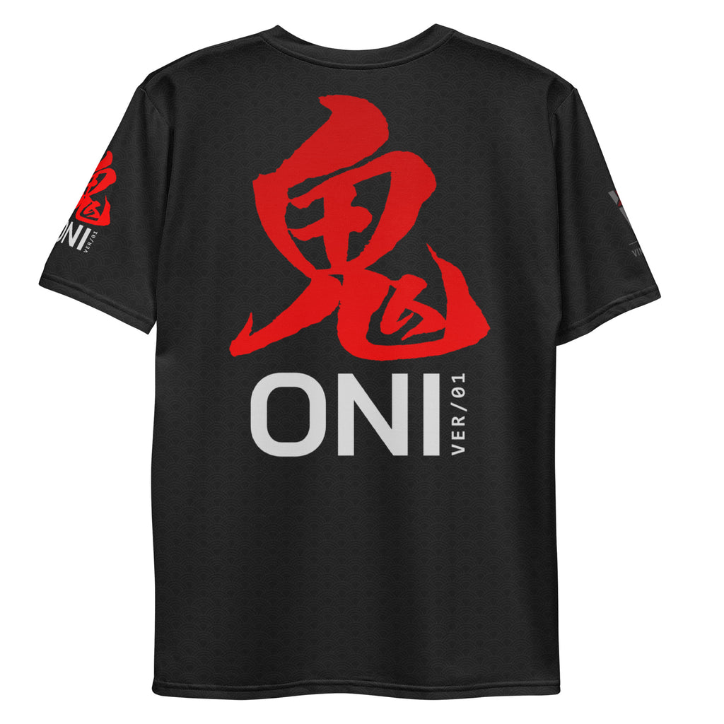 ONI Ver 01 premium all-over print t-shirt — Japanese Oni mask streetwear design in black and red, polyester spandex cut-and-sewn crew neck back view.