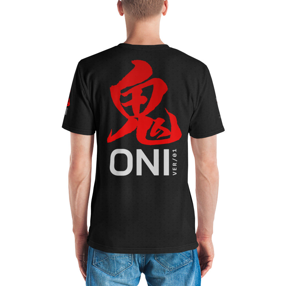ONI Ver 01 premium all-over print t-shirt — Japanese Oni mask streetwear design in black and red, polyester spandex cut-and-sewn crew neck back view.