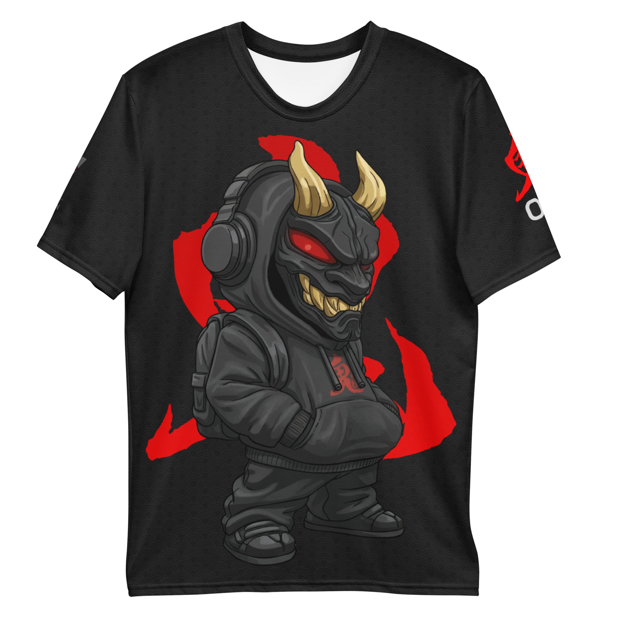 ONI Ver 01 premium all-over print t-shirt — Japanese Oni mask streetwear design in black and red, polyester spandex cut-and-sewn crew neck front view.