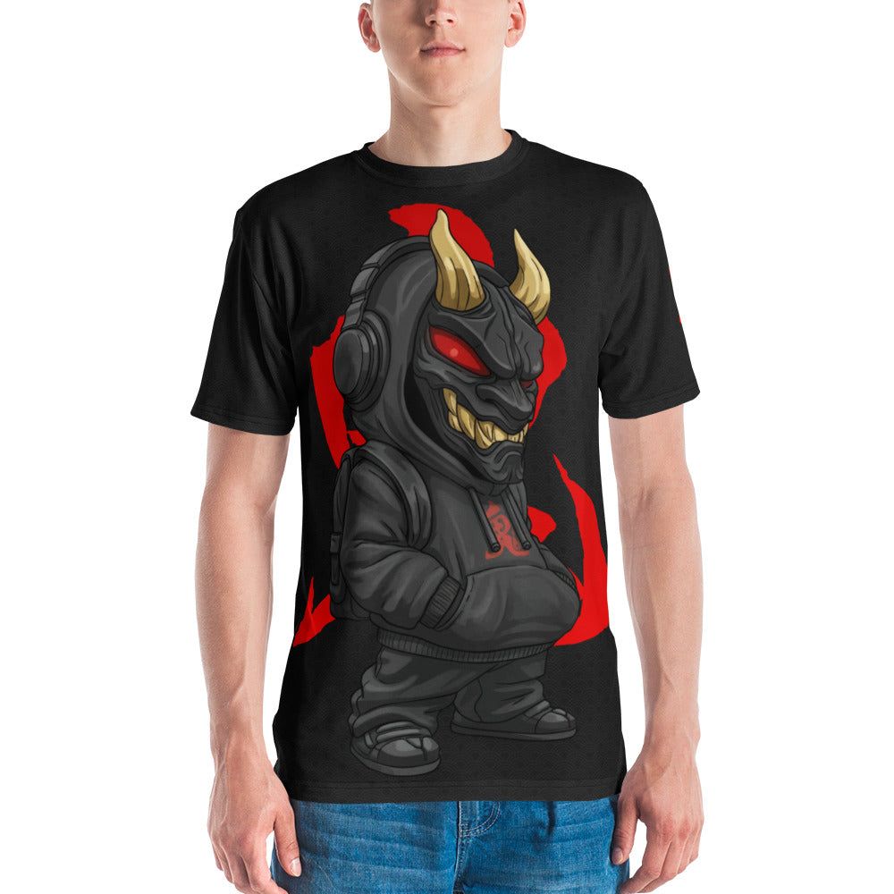 ONI Ver 01 premium all-over print t-shirt — Japanese Oni mask streetwear design in black and red, polyester spandex cut-and-sewn crew neck front view.