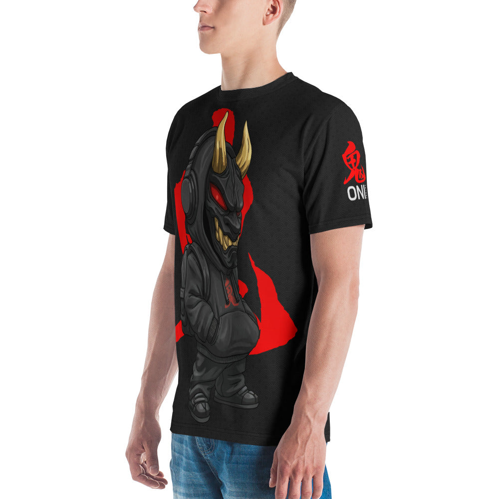 ONI Ver 01 premium all-over print t-shirt — Japanese Oni mask streetwear design in black and red, polyester spandex cut-and-sewn crew neck side view.