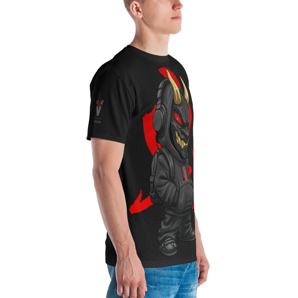 ONI Ver 01 premium all-over print t-shirt — Japanese Oni mask streetwear design in black and red, polyester spandex cut-and-sewn crew neck side view.